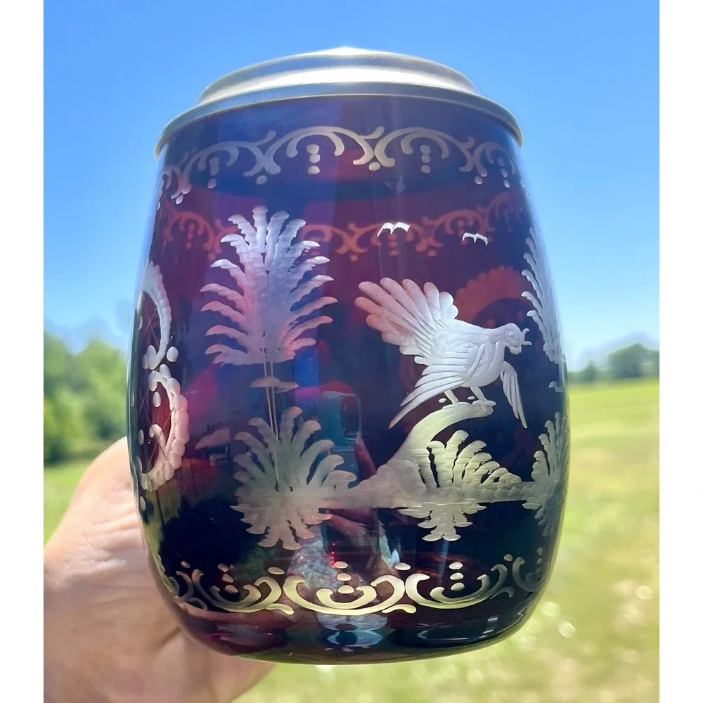 Vintage Bohemian Cut-to-Clear Glass Stein Beer Mug with Pewter Lid Grouse Design